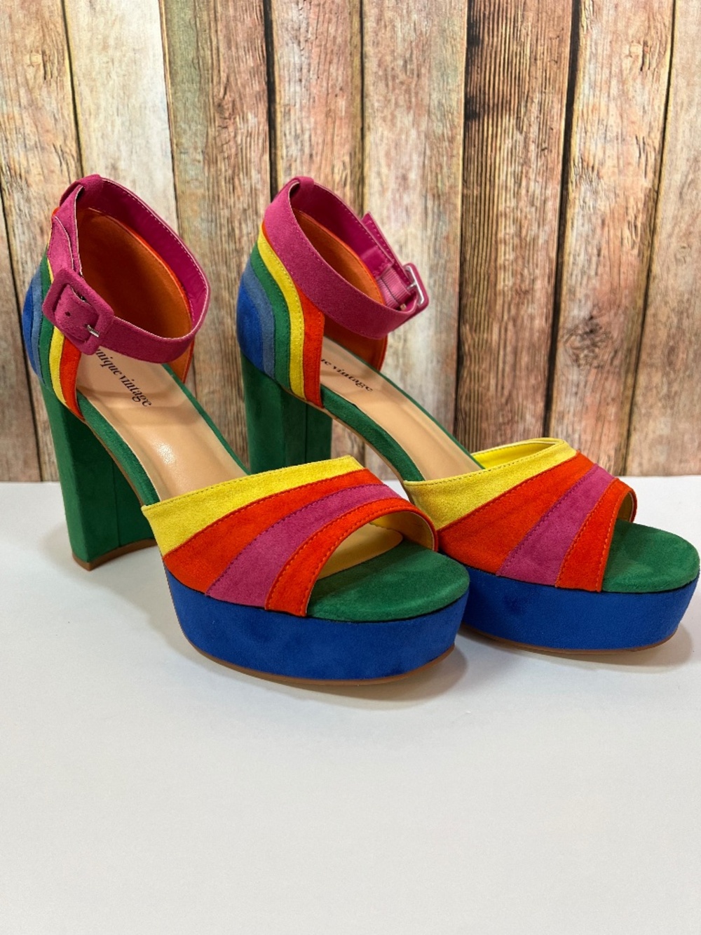 Unique Vintage Rainbow Suede Peep Toe Pumps Size 8